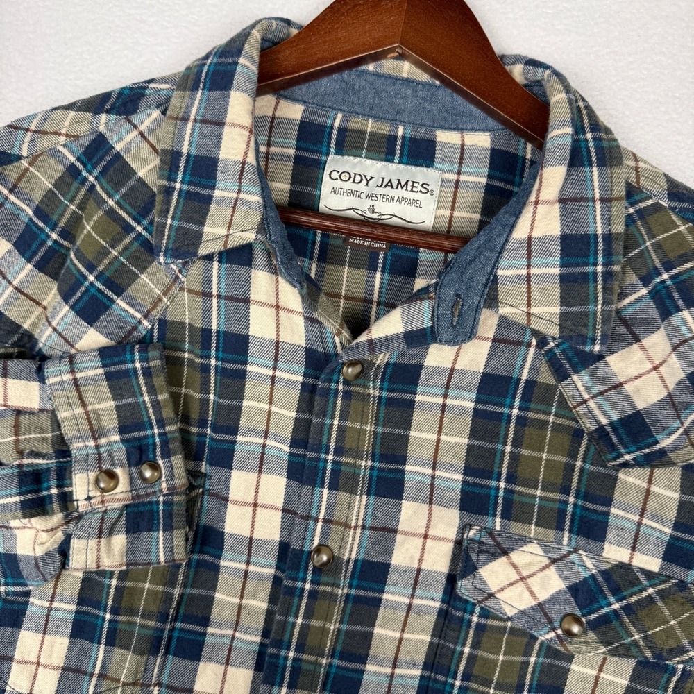 Cody James Pearl Snap Western Shirt Mens XL Blue Green Plaid Flannel Cowboy